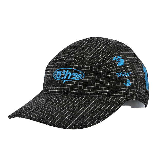 Off white hat with blue badges 